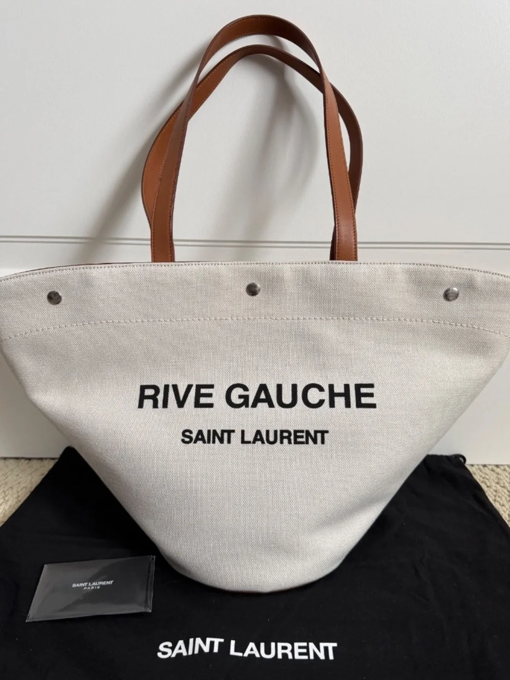 Saint Laurent YSL Rive Gauche Canvas Logo Leather Tote Shoulder Bag - Picture 3 of 15